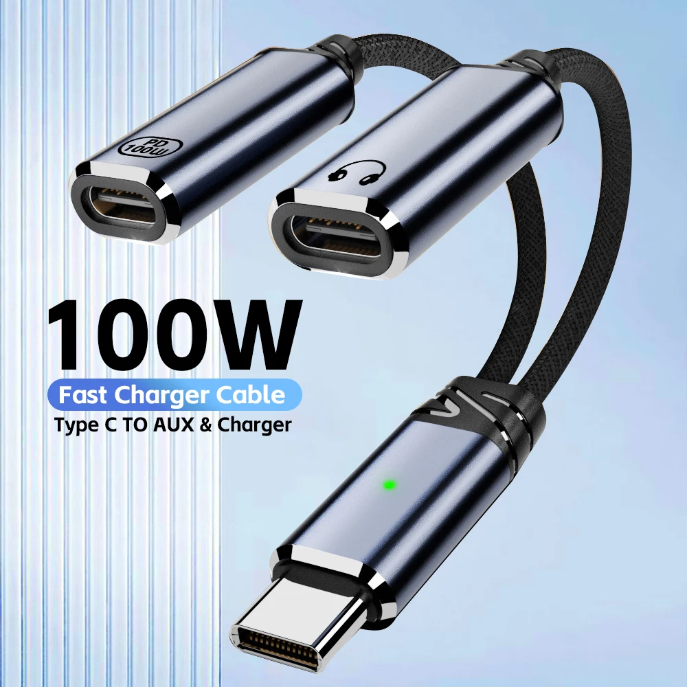 Type C To Dual USB C Male To Female Headphone Adapters PD100W Quick Charging Audio Cables 2-in-1 Multifunction Connectors