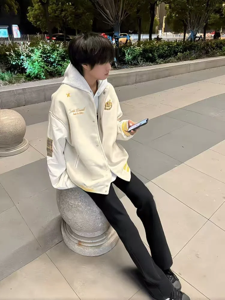 

Thiened Retro American Bae Embroidery Letter Cotton Baseball Jaet Men Women Autumn Winter Couples Faion Versatile Jaet