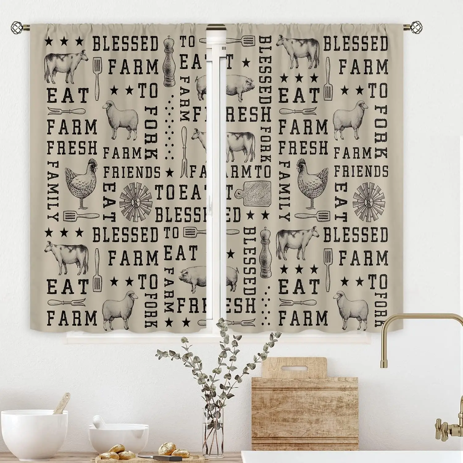 Farmhouse Kitchen Curtains, Grey Country Rod Pocket Drapes with Farm Animal Chicken Cow Pig, Vintage Window Panels