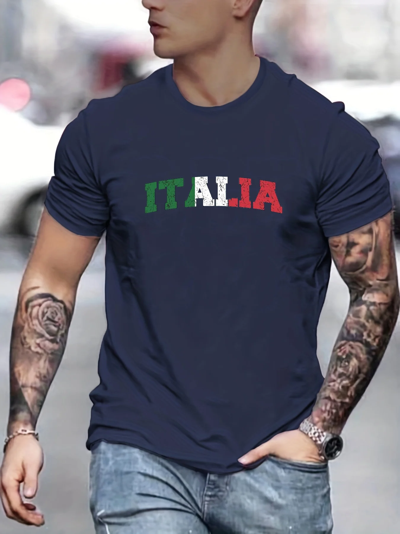 Men\'s Summer 100% Cotton Italia Comfortable Breathable Casual Fashion Print Loose Large Casual Round Neck Short Sleeve T-shirt