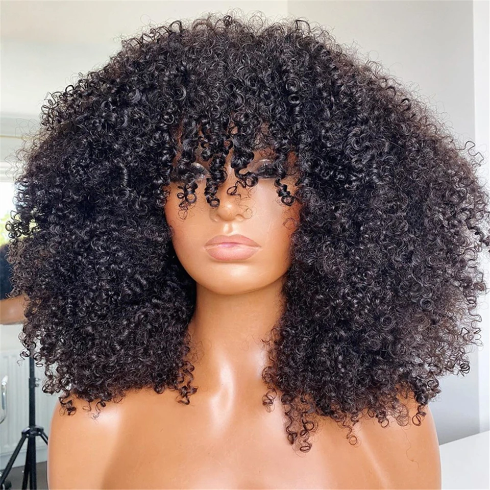 Perruques afro bouclées moelleuses avec frange, cheveux humains crépus, mettre et aller naturel, prêt à porter, sans colle ni gel, 4B