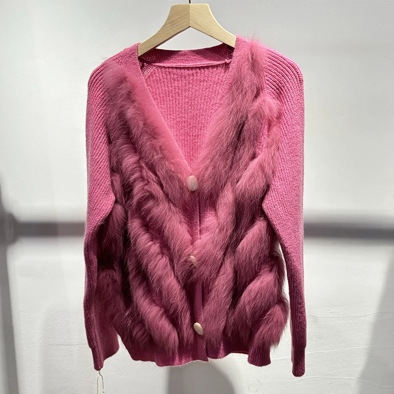 เสื้อสเวตเตอร์คอวีสีแดงกุหลาบขนฟ็อกซ์ธรรมชาติสำหรับผู้หญิงปี 2025 เสื้อแจ็คเก็ตถักขนสัตว์แท้สีเหลือง