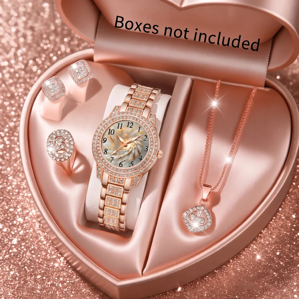 5Pcs/Set Unisex Jewelry Watches Women's Wristwatch Accessories Rose Gold Fashion Business Elegant Trendy Classic Exquisite Retro Light Luxury Rhinestone Luxury Bracelet Watch Set Y2K Suitable for Travel, Vacation, Parties, Daily Outfits, and Our Holiday Gifts