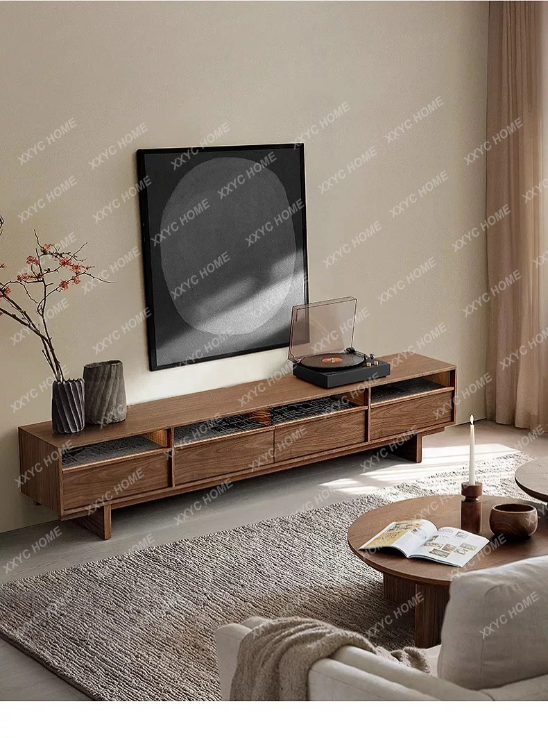 HJ black walnut medieval pure solid wood floor-to-ceiling TV cabinet light luxury minimalist audio-visual cabinet