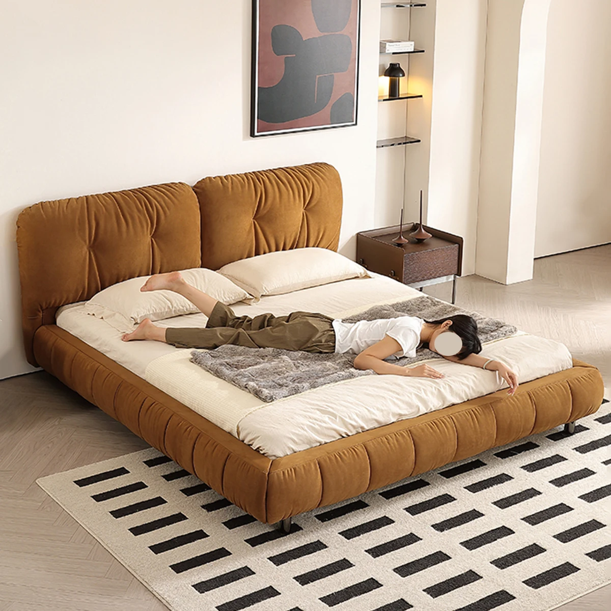 For Home Use Latest Designer Fancy Upholstered Fabric Bed  Set Cream Style Popular Elegant King Bed Frame Modern Soft Cloud Bed