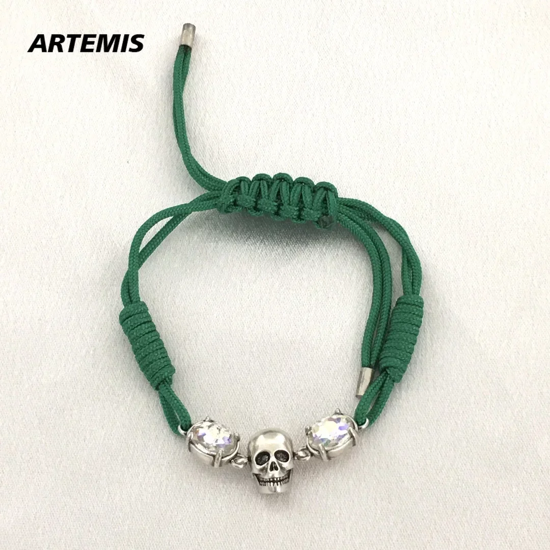 

Hot Fashion Green Handmade Woven Cord Bracelet Skull Silver Crystal Bracelet Women Designer Brand Trend