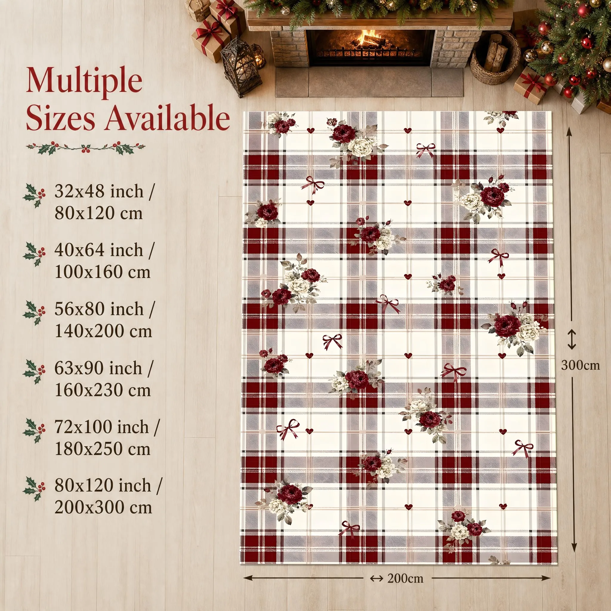 This Retro-Style Sweet Christmas Velvet Rug Features a Red Plaid Rose and Bow Print and Is Suitable for Bedrooms, Bedside Areas, and Living Rooms, Creating a Warm and Cozy Autumn/Winter Atmosphere