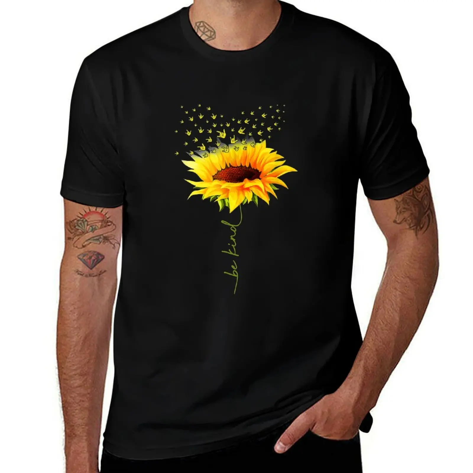 

Be Kind Hippie Sunflower I Love You Deaf ASL Sign Language T-Shirt cotton t shirts man 100% T-Shirt
