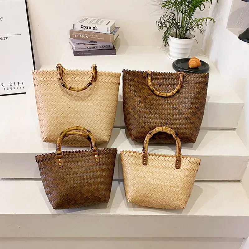 2023 New Trend Straw Retro Large-Capacity Vegetable Basket Woven Portable Tote Bag Hand-Held Beach Bag