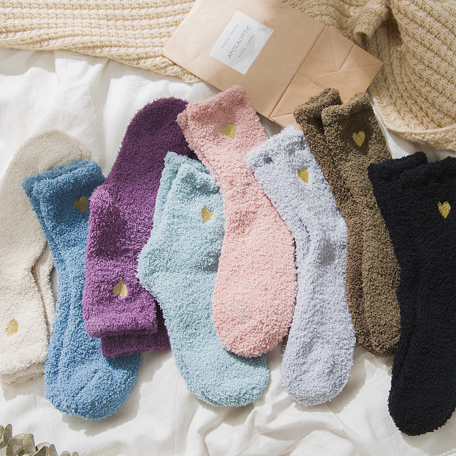 Cute Heart Thick Socks Women Home Indoor Floor Socks Fuzzy Fluffy Terry Short Socks Female Warm Soft Coral Fleece Socks