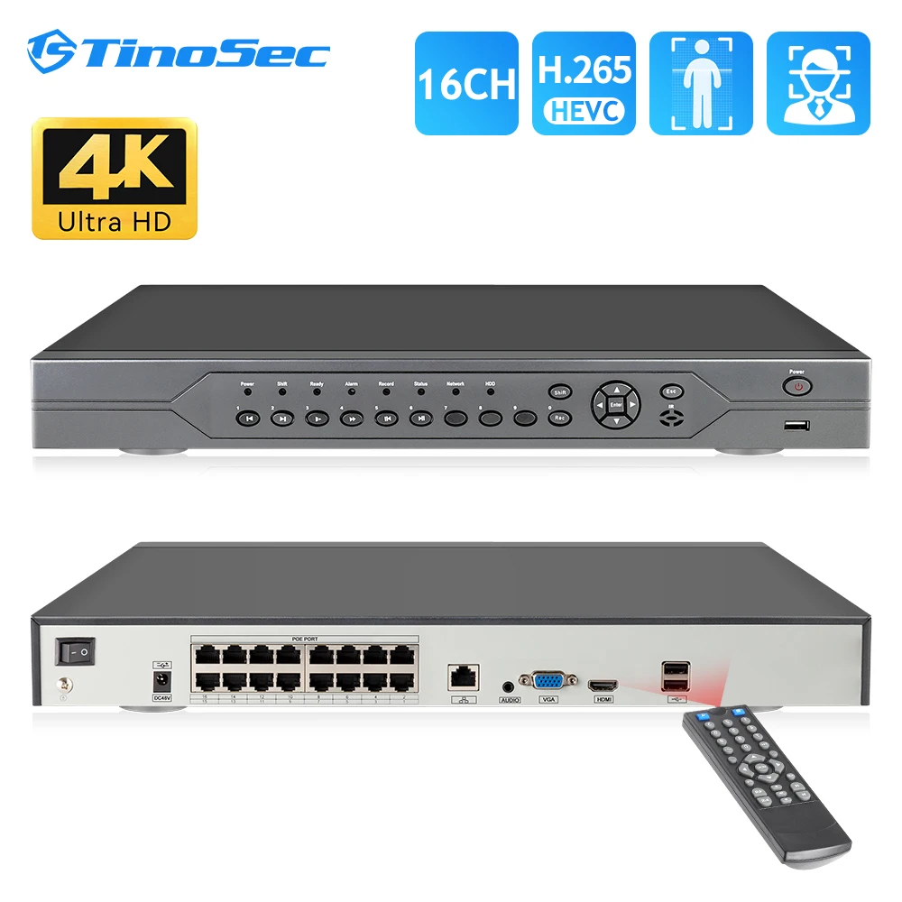 

Сетевой видеорегистратор TinoSec H.265, 16 каналов, POE, NVR, 4K, 5 МП, 1080P