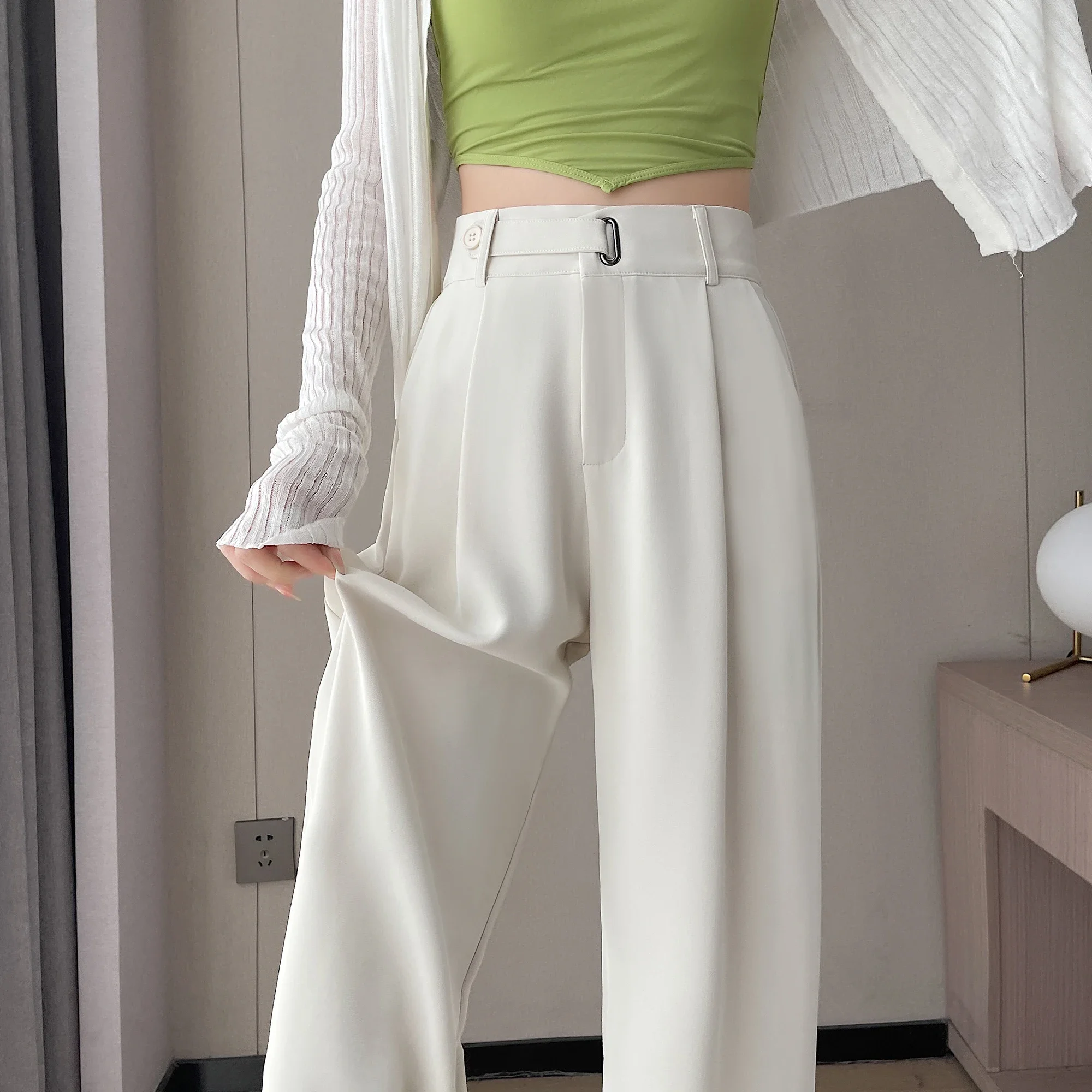 Seoulish Summer Women\'s Casual Pants Wide Leg Pants Elegant Office Lady 2024 New Solid Color High Waist Loose Trousers Female