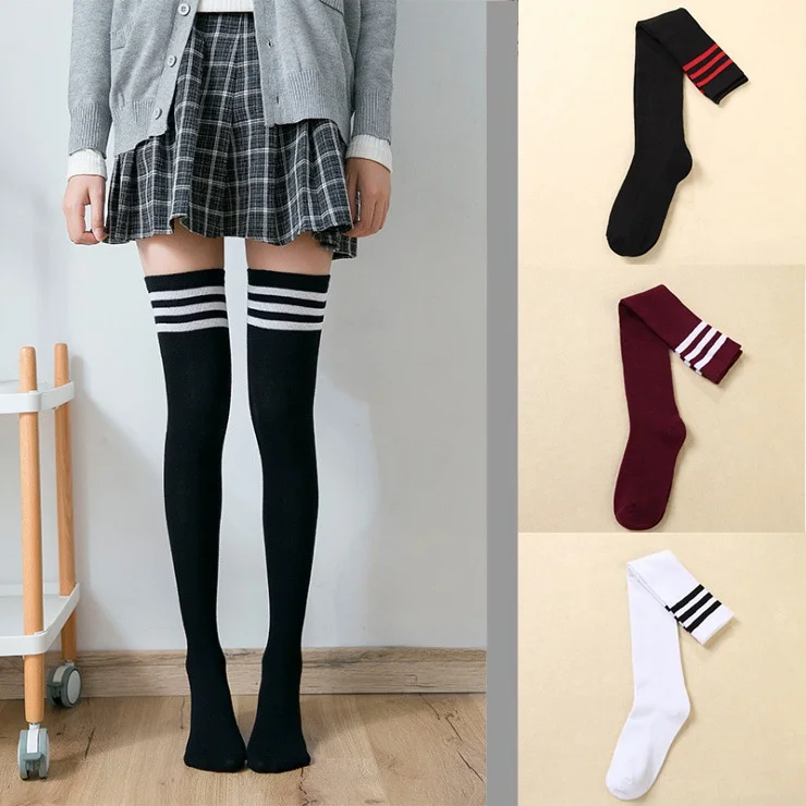 Lange Strümpfe für Damen, drei Stangen, gestreift, Overknee-Socken, College-Stil, für Mädchen, modisch, lustige Socken, einfarbig, einfache Socke