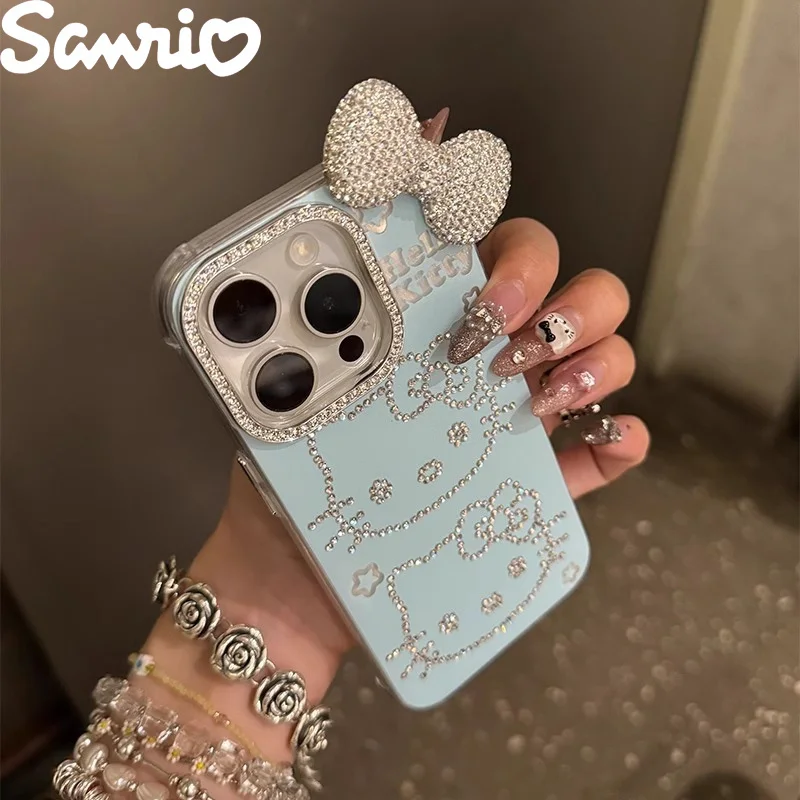 Sanrio Cartoon Dot Diamond Bow KT Cat IPhone 14/13 Suitable For 12 Apple 16/15 PROMAX Mobile Phone Case Anti-fall