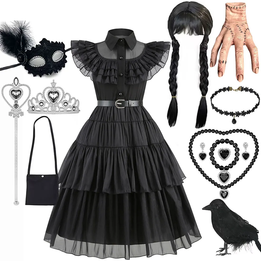 

Hot American TV series Halloween Black Wen. Girl Cosplay Horror Dress Set Easter Party Clothing +Fake hands + Sock Set 3-10Y