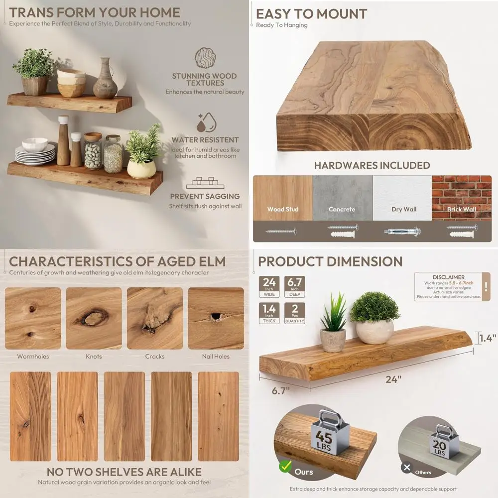 

Live Edge Elm Wood Floating Shelves, 24 Natural, 2-Pack for Rustic Wall Décor in Kitchen, Living Room, and Bathroom