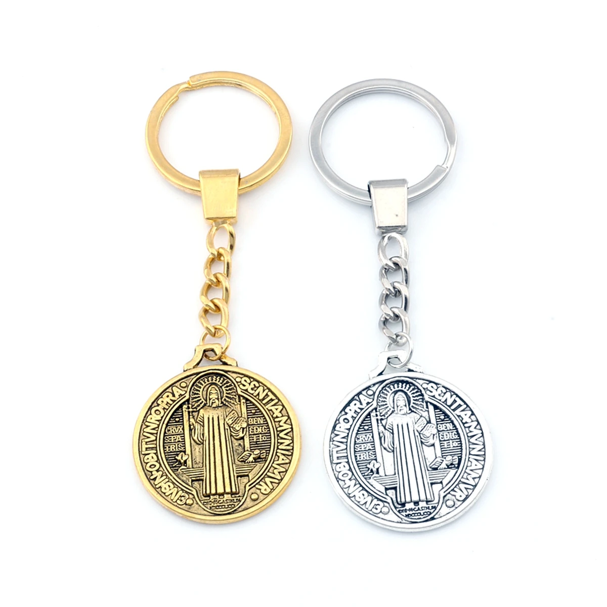 2Pcs Keychain Saint St Benedict of Nursia Patron Against Evil Cross Medal Pendants Key Ring Travel Protection