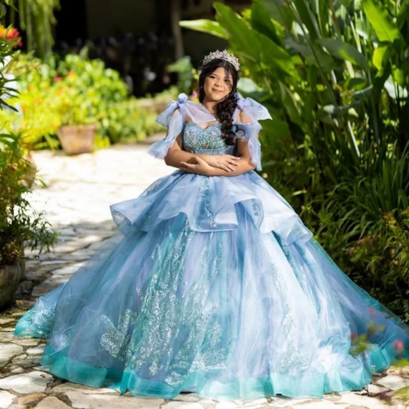 

Shiny blue Quinceanera Dress off-shoulder Lace layering glitter crystal decal vestidos de 15 Quinceanera ﻿Customized