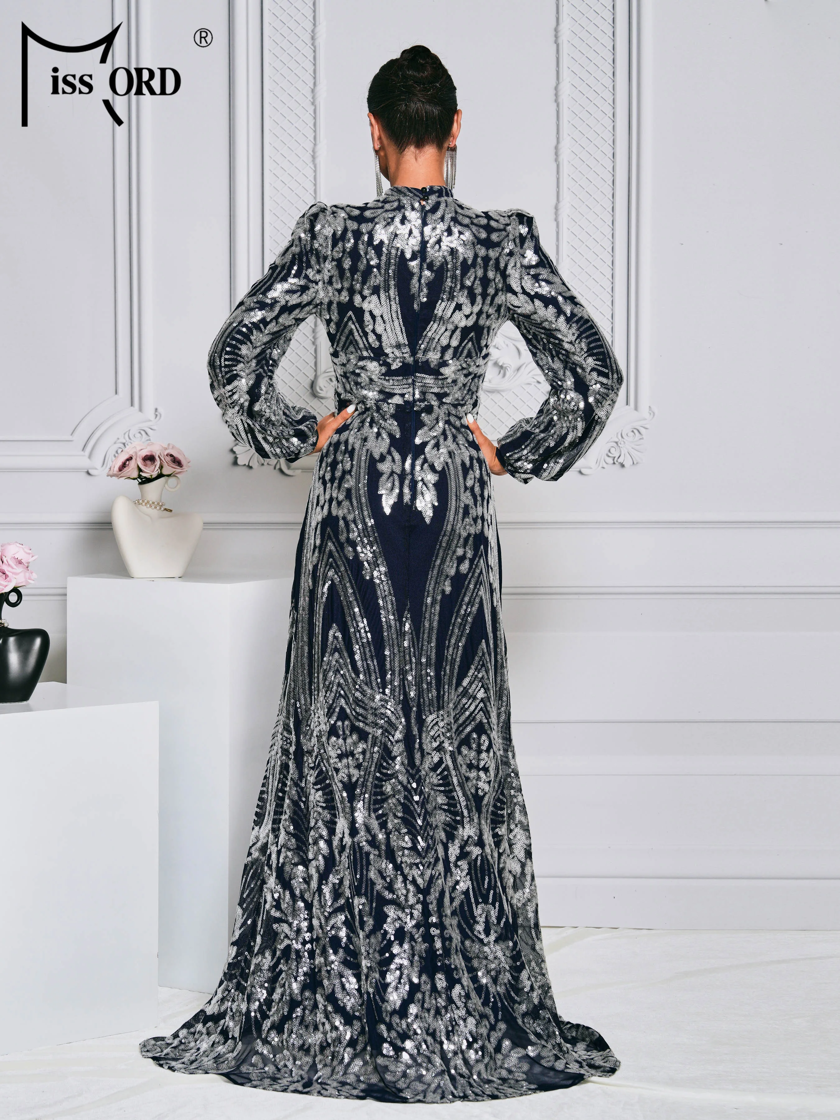 Missord 2024 Blue Round Neck Long Sleeved Sequin Maxi Evening Formal Occasion High Quality Luxury Dress