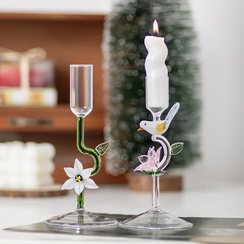 Romantic Glass Bird Flower Candle Holder for Taper Candles, Handmade Wedding Table Centerpiece Home Decor Gift