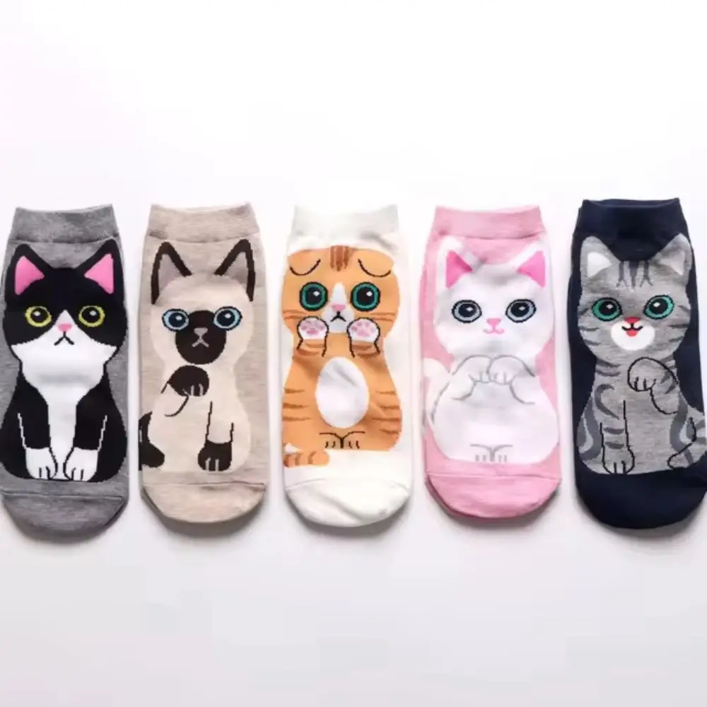 5 Pasang/Set Kaus Kaki Wanita Kucing Lucu Kartun Fashion Kaus Kaki Pergelangan Kaki Kasual Sejuk Kawaii Sempurna untuk Kaus Kaki Perahu Sehari-hari