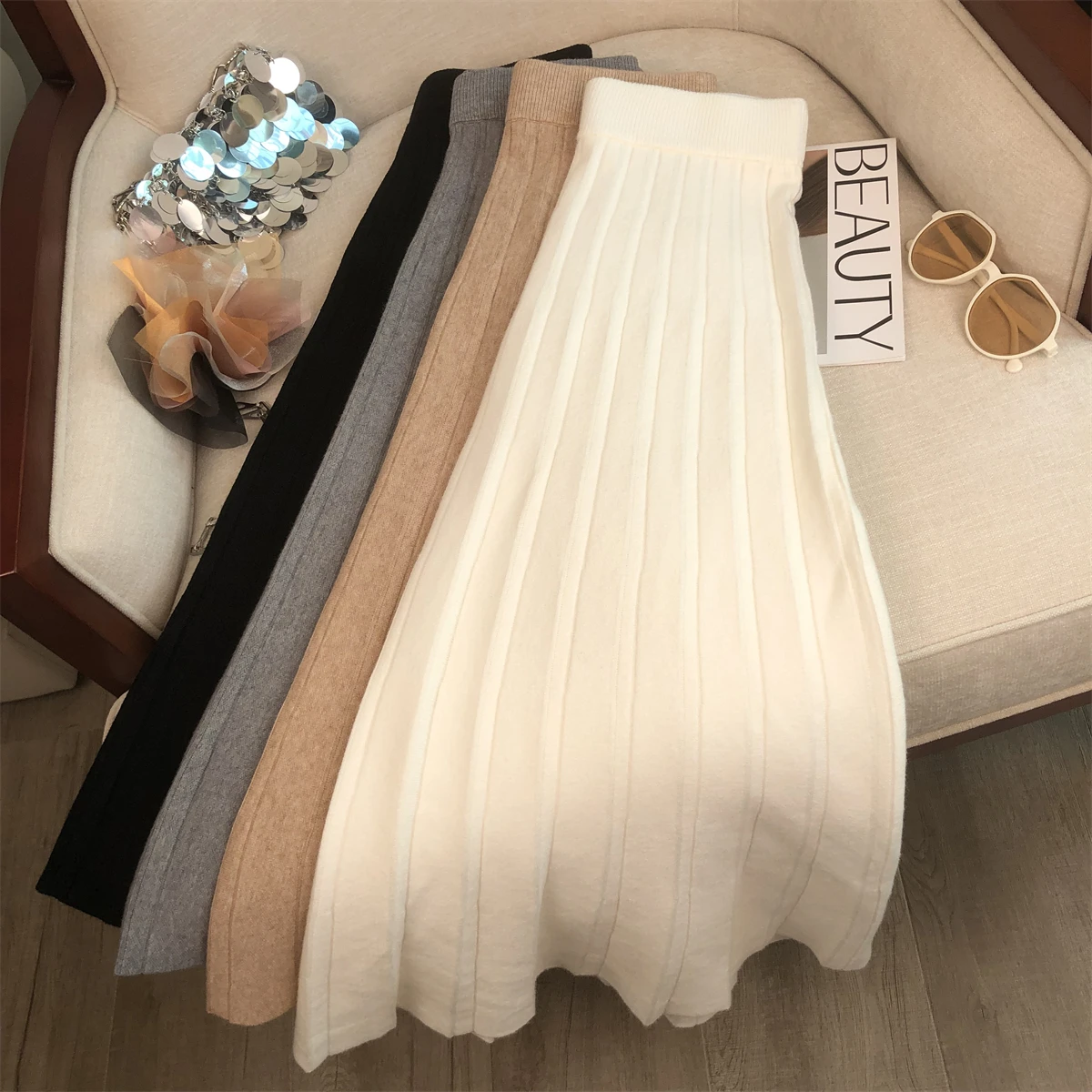 

Emily Clud Recommended Knitted A-Line Skirt High Waist Pleated Women's Autumn Winter Faion plus Size f Body Skirts