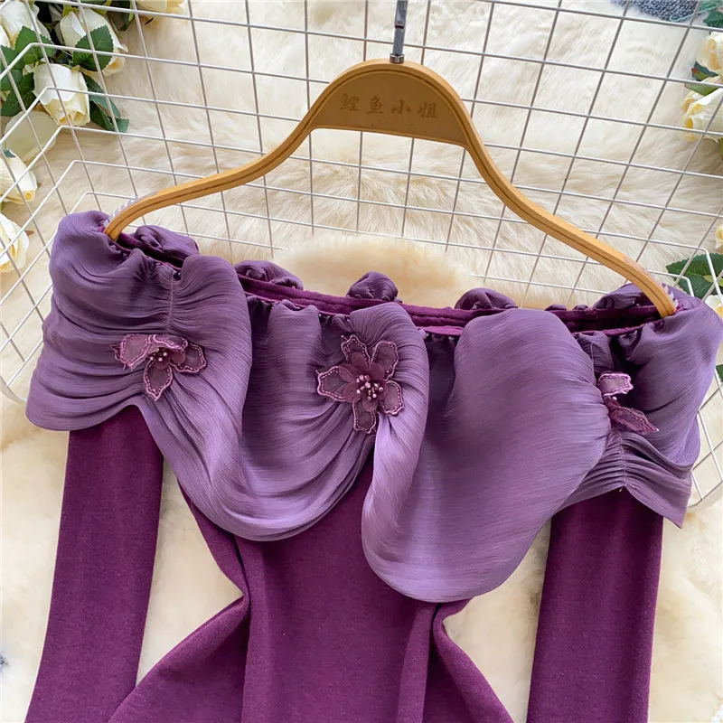 甘辛ガール パープル フリル スラッシュネック Tシャツ 秋冬新作 ファッション 長袖 オフショルダー トップス ブラック インナーシャツ