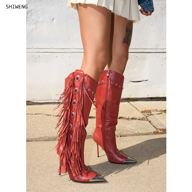 Woman Knee High Boots Fringed High Heels Rivet Boots Leather Black Buckle Strap Tassel Winter Women Boots High Quality 44