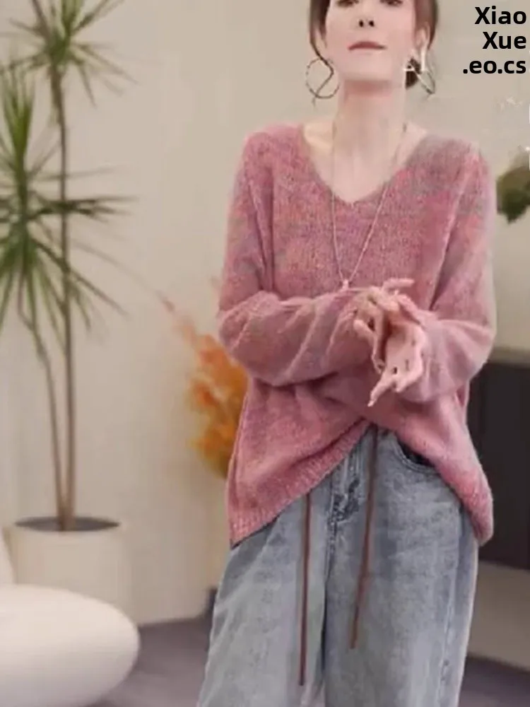 سترة كورية Sle Lazy Faion سترة محبوكة شبابية طويلة Sve غير رسمية فضفاضة على شكل حرف V ملابس تريكو نسائية #1