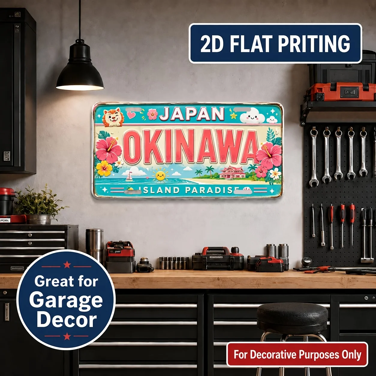 2D Flat Retro Home Bar Cafe Wall Art Okinawa Japan License Plate Sign Tropical Island Beach Scenic Travel Souvenir Gift