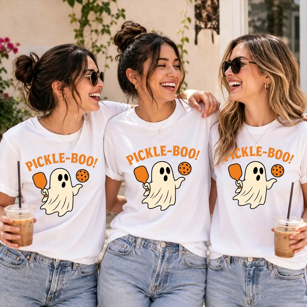 Pickle-Boo Funny Halloween Ghost Pickleball Women Cotton Short Sleeve T-Shirt Cute Spooky Sport Graphic Casual Fall Crewneck Top