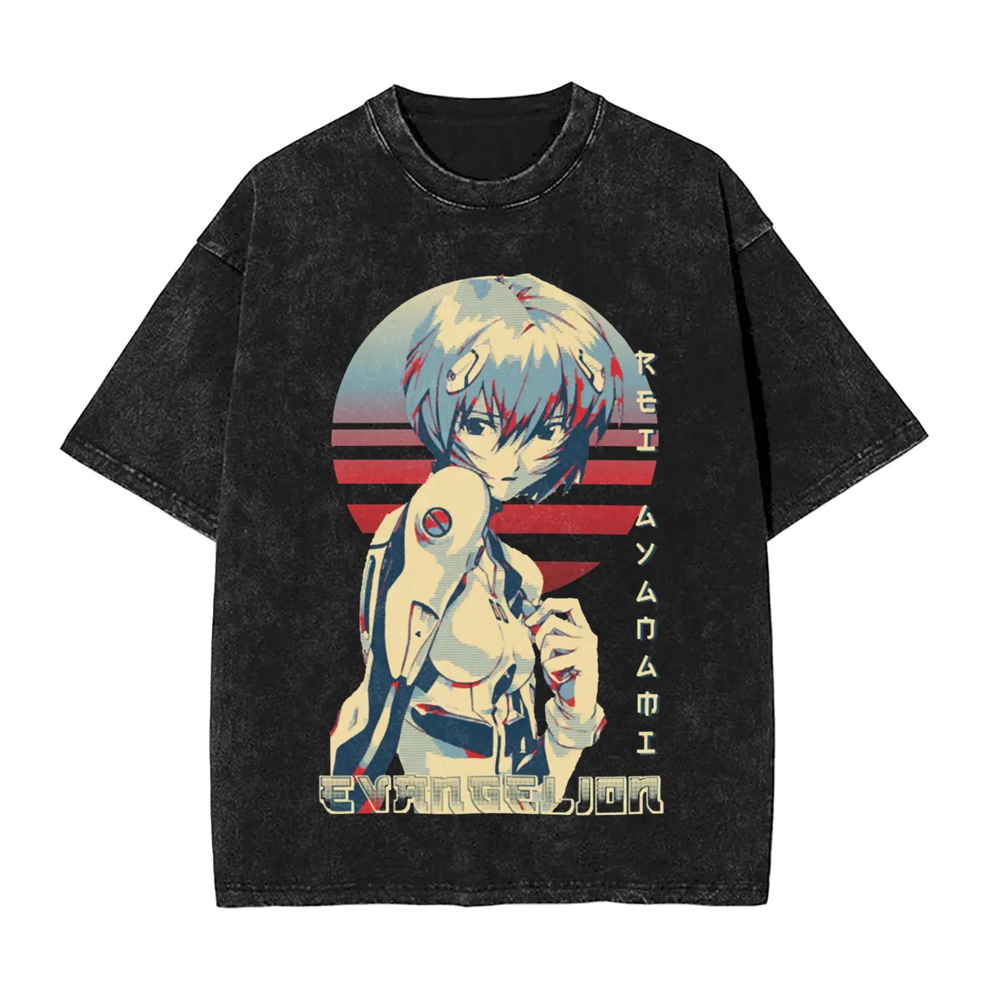 Rei Ayanami Classic Washed T-Shirts Baumwolle Neuheits-T-Shirts Rundkragen Eva Japan Manga Anime Tees Kurzarm-Tops Sommer