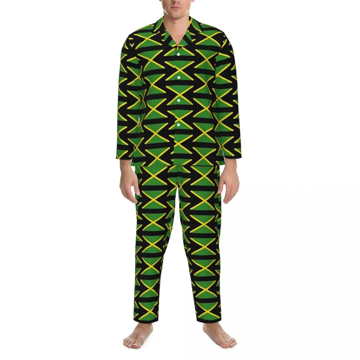 Pajamas Man Jamaican Flag Bedroom Sleepwear Black green yellow 2 Pieces Pajamas Set Long Sleeve Comfortable Oversized Home Suit