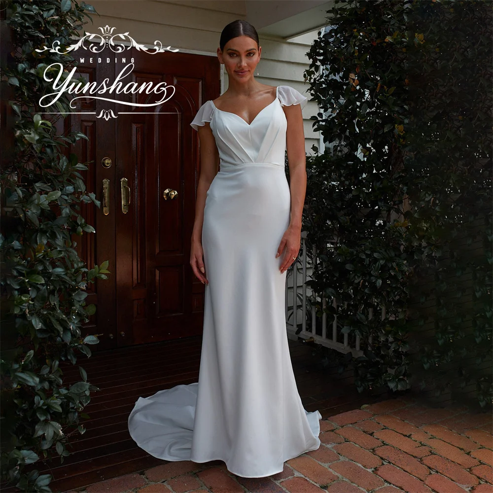 Yunshang Customized Mermaid Wedding Dress V-Neck Ruffled Flutter Sleeves Backless Button Sweep Train Short Sleeve Simple Elegant