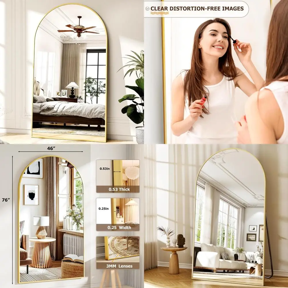 대형 아치형 바닥 거울 (스탠드 포함), 거실 장식용 전신 스탠드형 또는 벽걸이형 바디 미러