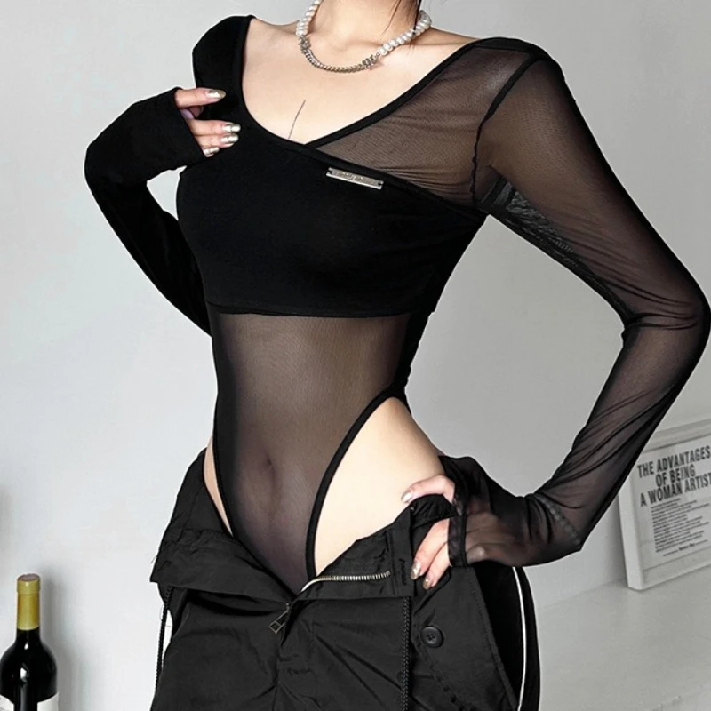 

Женское черное прозрачное боди-комбидресс с длинным рукавом, V-образным вырезом, без спинки, для женщин, весна 2026