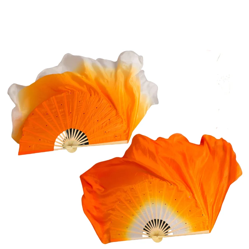 Women Real Silk 1 Pair White Orange  Belly Dancing Silk Bamboo Veils Dance Sequin Short Fan Veil Gradient Color 16