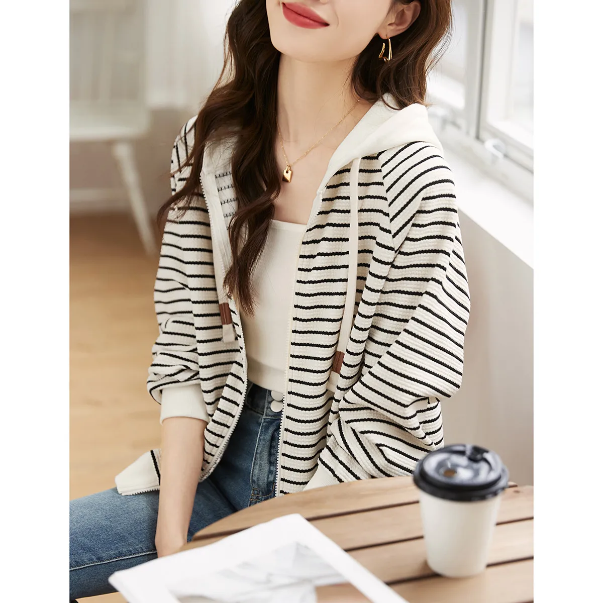 Faionable Striped Casual Hoodie Women's Knitted Cardigan Spring Autumn High End European Sle Commute Sle Polyester Cott...
