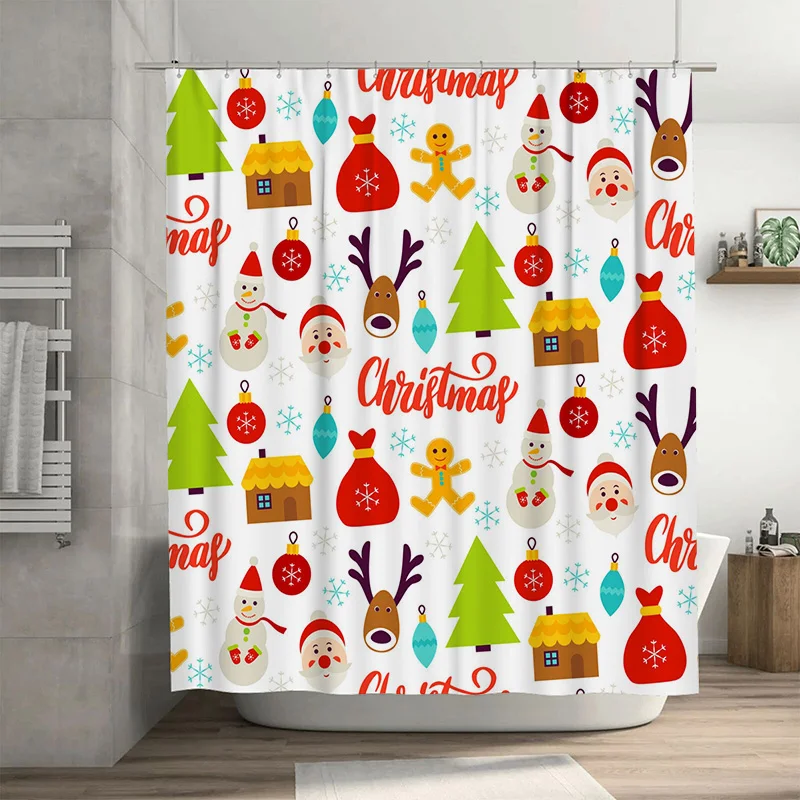 

TU Festive Christmas Shower Curtain Waterproof Holiday Decor Reindeer Snowflakes Pattern Bathroom Backdrop Festive Home XMas Gif