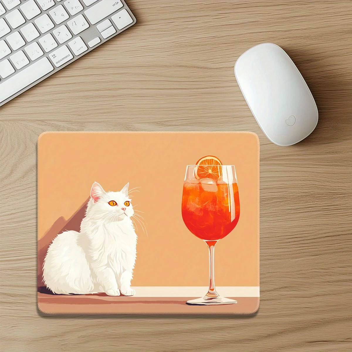 

White cat-patterned mousepad orange-bottomed wine glass and citrus design are compact and anti-slip suitable for home and office