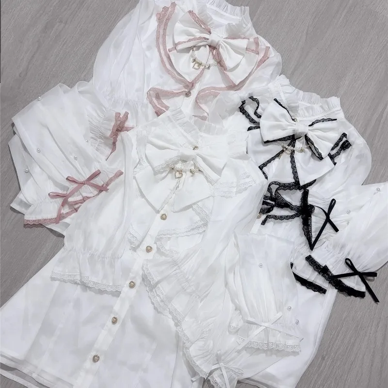 2025 Summer Japanese Bead Chain Sleeves Shirt Sweet Lolita Solid Color Single-breasted Slim-fitting Short-sleeved Blusas Mujer