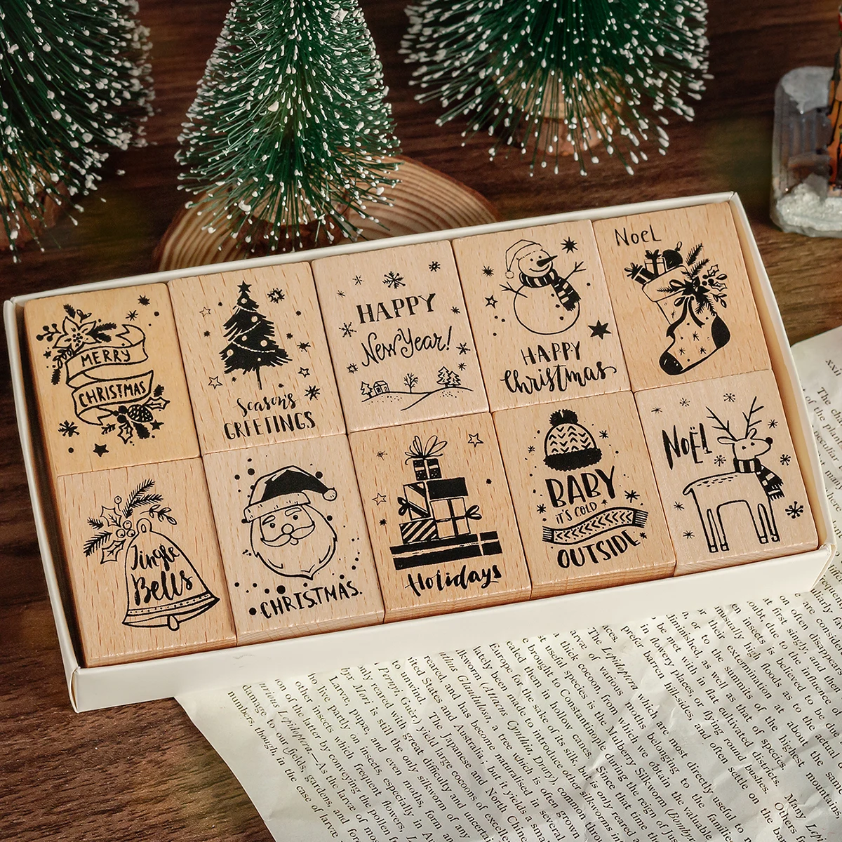 10PC/box unique Christmas pattern wooden stamps, SuitableDIY journal, photo album decorative stamps, holiday scene supplies