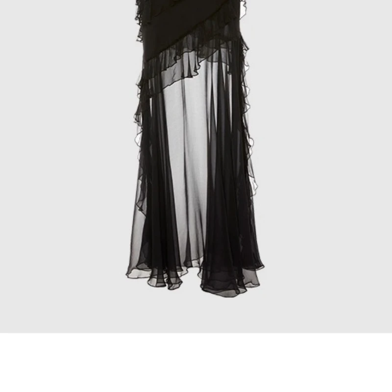 الرجعية الأسود كشكش حافة الدانتيل غير النظامية المرأة فستان بكتافة 2025 الصيف تصميم جديد مزاجه الساخن فتاة مثير فساتين طويلة السيدات