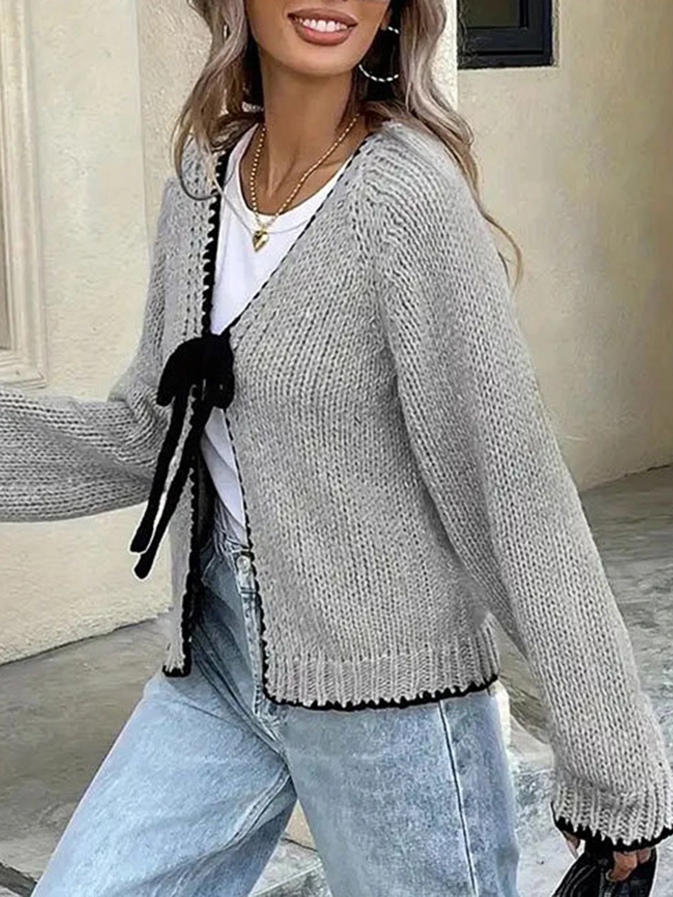 المرأة الخريف الشتاء محبوك سترة فضفاضة طويلة الأكمام فراشة عقدة مربوط سترة مفتوحة ملابس خارجية عارضة المألوف