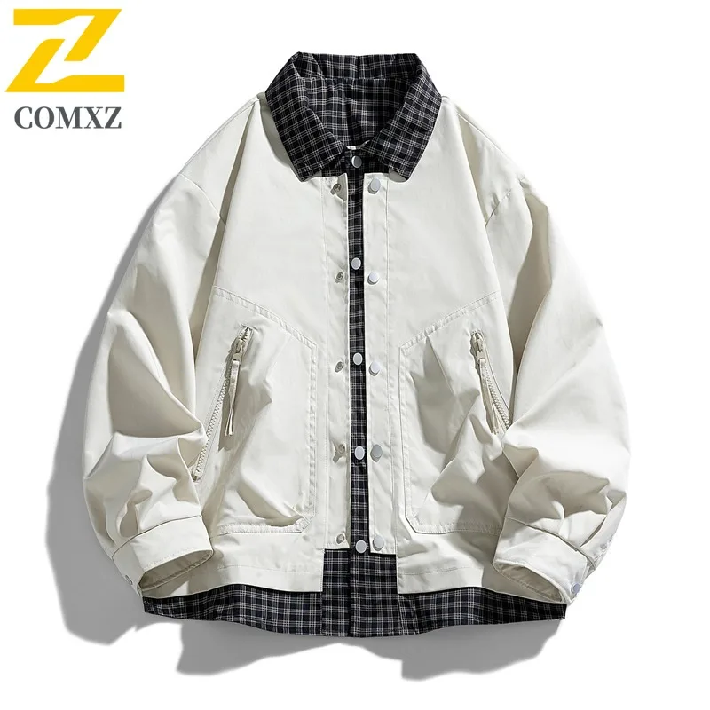 

COMXZ Мужская куртка с решетчатым дизайном и отложным воротником, легкое пальто для кемпинга, уличная стильная модная повседневная ветрозащитная осенняя одежда