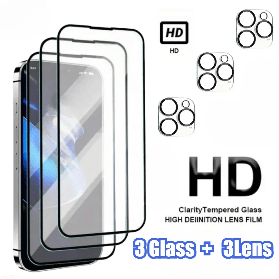 

Защитное стекло из закаленного стекла 6 в 1 для iPhone 16, 15, 14, 17 Pro Max 14, 15, 13 Plus, стекло для объектива камеры, защита от осколков и царапин