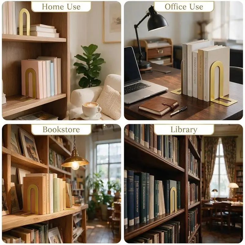 [NEW!】 Sturdy U Shaped Heavy Duty Bookends In Gold Metal-6 Pcs Decorative Book Holders, Space-Saving Book Stoppers