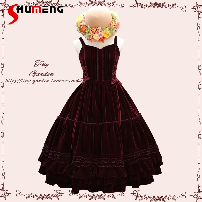 

French Elegant Retro Burgundy Velvet Long Dresses JSK Girls Woman's Sweet Ruffle High Waist Slim Tea Party Lolita Sling Dress