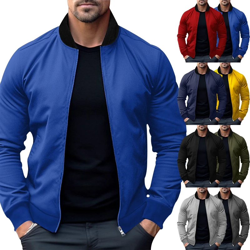 

Men's Color Block Zipper Jacket, Standing Collar, Handsome Pippy Large Coat, Spring and Autumn, New, 2024