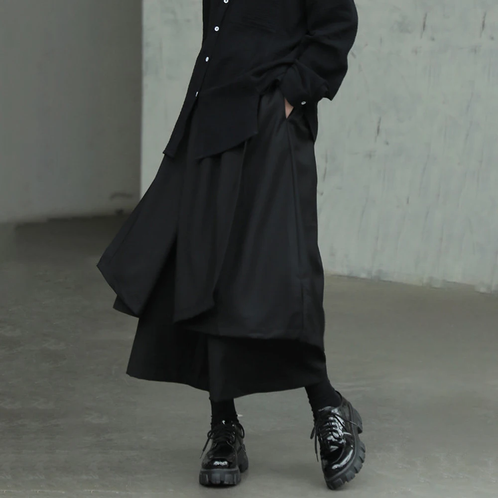 Layered Dark Y2k Plain Casual Cropped Trousers, Spring Genderless Streetwear Fashion Japanese Niche Versatile Hakama Unisex 2026
